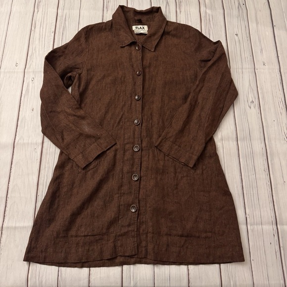 FLAX Women's 100% Linen Button Front Long Jacket Coat Small I Am Forever Yours - Picture 2 of 7